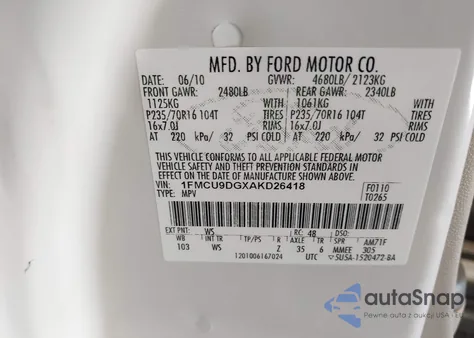 2010 Ford Escape Xlt z USA, uszkodzony, nr VIN 1FMCU9DGXAKD26418